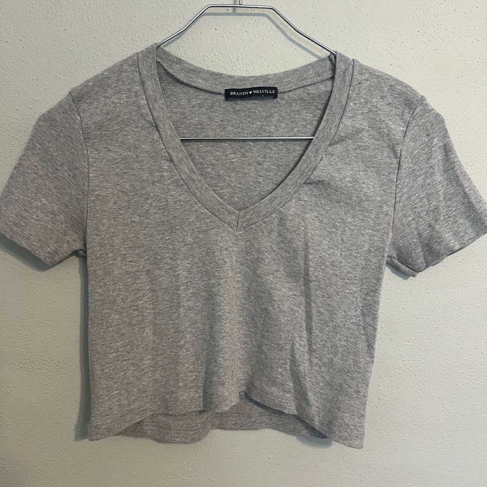 Brandy Melville Shirt One Size Heather Gray Top Cropped Short Sleeve‎